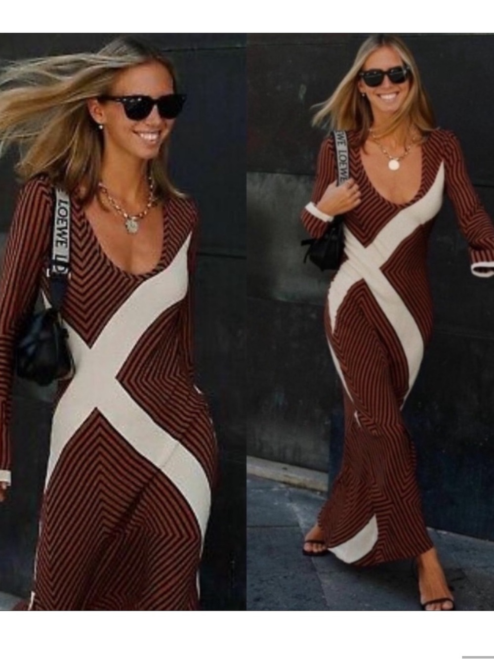 Zara Brown and Cream Geometric Long-Sleeve Maxi Dress